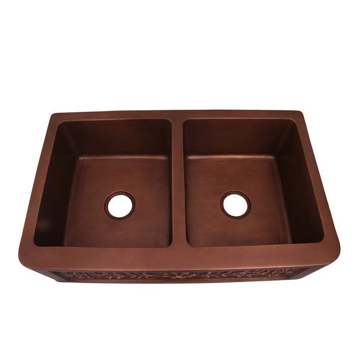 36" Aqua Double Bowl Copper Apron-Front Sink
